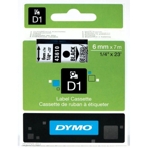 Fita Dymo D1 43610 6mmx7m Preto/Transparente