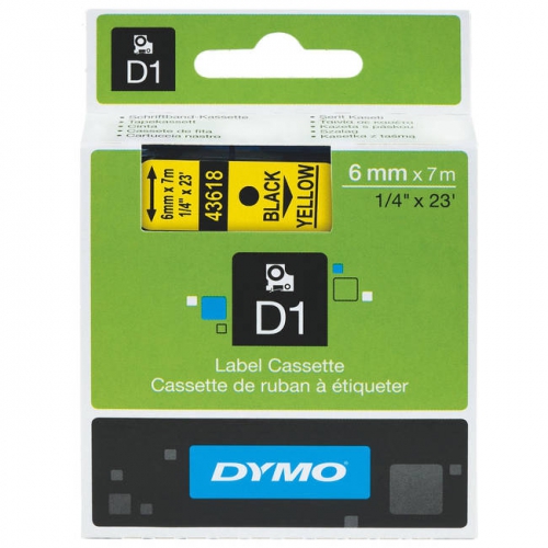 Fita Dymo D1 43618 6mmx7m Preto/Amarelo